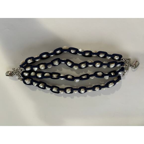 Freshwater Pearls Blue Leather Woven Bracelet Magnetic Clasp Coastal Nautical - Picture 2 of 2